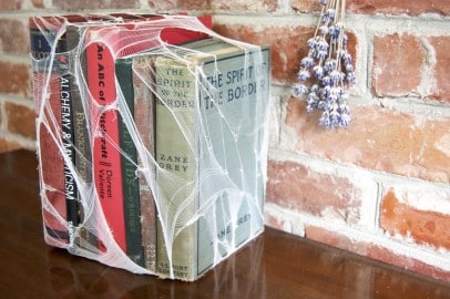 aged spooky looking books wrapped with fake cobwebs